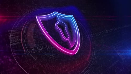Digital Cyber Security Shield with Neon Lock Keyhole Animation