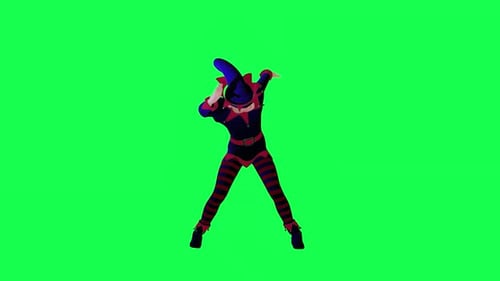 3D animated clown dancing and cheering for his favorite team front angle green screen