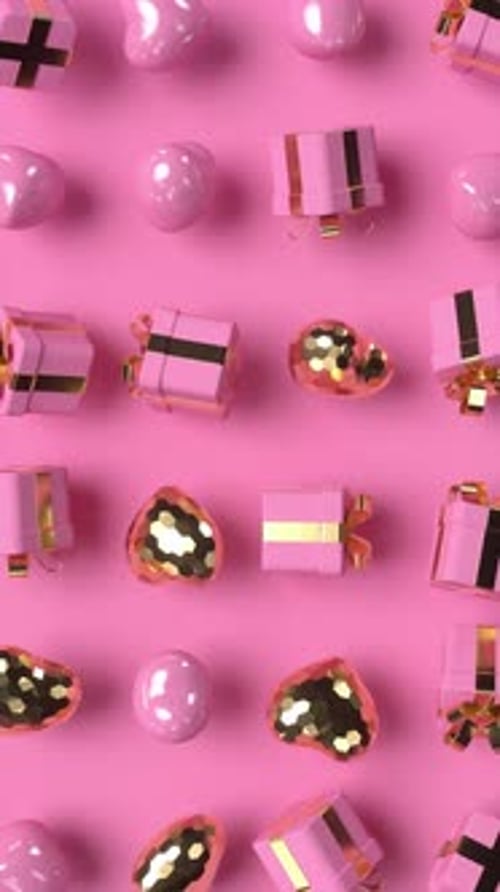 Seamless Looping Animation of Pink Gifts and Golden Hearts