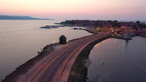 Aerial view to old town of Nessebar at sunrise