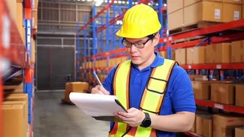 Warehouse worker working. Warehouse import export product. Warehouse store shelves