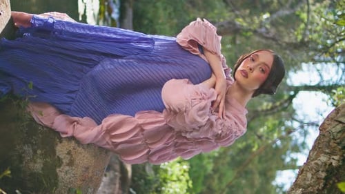 Magic Woman Enjoy Nature Calmness Sitting Forest Pond Romantic Girl Vertical