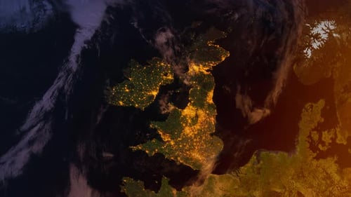 United Kingdom From Space At Sunrise. Uk From Space Orbit. Planet. Globe