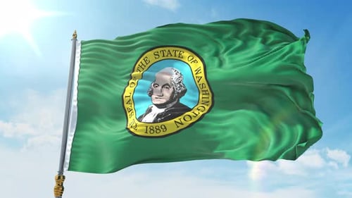 Waving Washington State Flag Against Clear Blue Sky