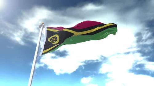 Vanuatu Flag Waving Against a Cloudy Blue Sky