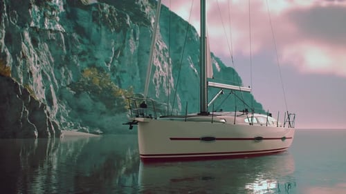 Yacht in the Sea with Greeny Rocky Island