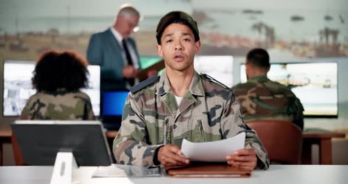 Military, news and briefing with face of man at headquarters for defense force