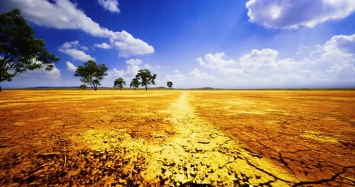 Сухой пейзаж с потрескавшейся землей и разбросанными деревьями под ярким голубым небом