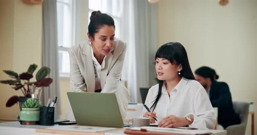 Teamwork, happy and women with laptop, talking and explanation for intern with project and online