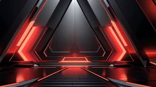 Dark, futuristic, triangular corridor with vibrant red accent lighting
