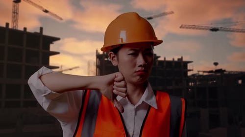 Asian Female Engineer Showing Thumbs Down Gesture And Shaking Her Head At Building Site