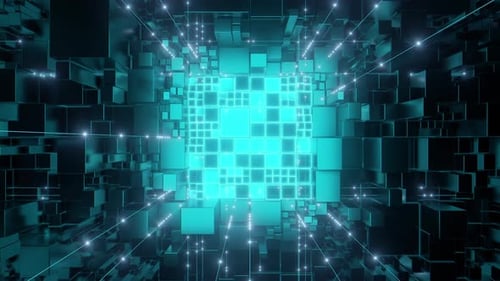 Futuristisches 3D-Raster aus leuchtenden Würfeln und Linien