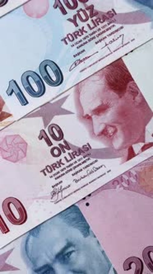 Money, currency of Turkey, lira banknotes of various denominations. Turkish money