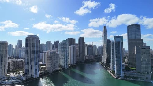 Miami Downtown Skyline with Modern Skyscrapers and Blue Sky