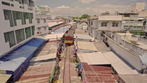 Aerial view of Mae Klong Railway Market, Thailand.