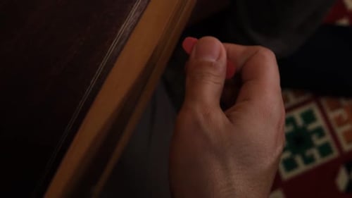 Hand Playing Stringed Instrument with Pick, Close Up