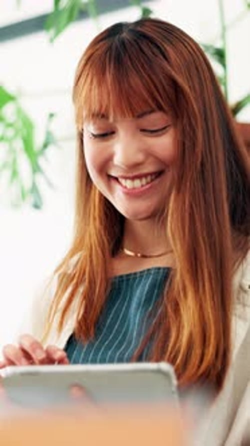 Coffee shop, happy and waitress on tablet for online checklist, store inventory and menu website