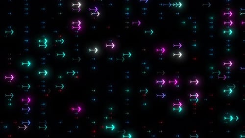 Futuristischer bunter Neonpfeil, der sich zufällig bewegt, mit Punktpartikeln. Neonpfeilzeichen mit Partikel