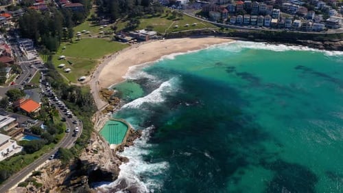 Bird's Eye View Of Bronte Beach In Sydney, Australia With Oceanside Rock Pool And Swimming Basin. ae