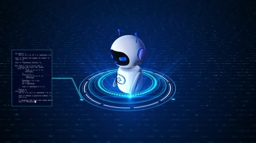 Futuristic AI Robot Interface with Scrolling Digital Code