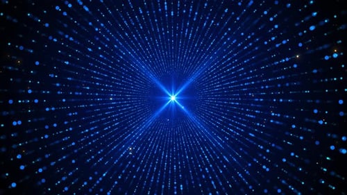 Abstrakter Technologiehintergrund, fließende Welle, glühende blaue digitale Datenpartikel, schimmernder Lichtstrahl