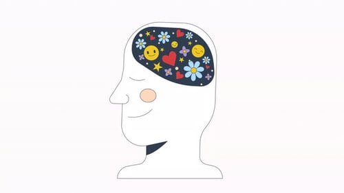Lächelnder menschlicher Kopf voller Blumen, Herzen, Emojis, 2D-Animation