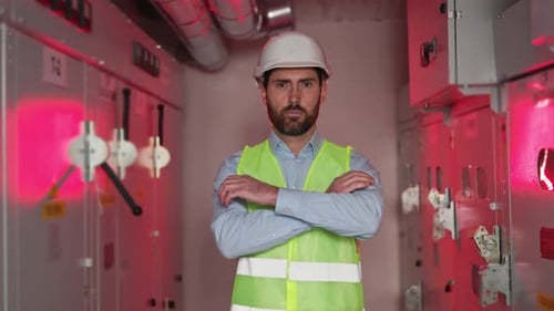 Male Technician in Switchboard Room Green Vest Helmet Goggles Substation