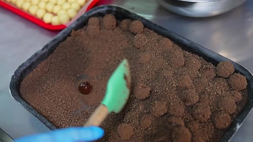 Sweet balls covered with melted chocolate thrown into tray with cocoa sprinkling.