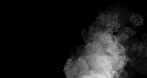 Fast smoke emission as volcano or big fire. Burning smoke on black backgorund