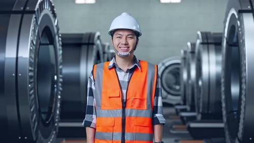 Asian Male Engineer Smiling To Camera In Metal Factory