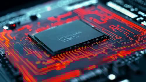 Chip de computadora con circuitos rojos brillantes de tecnología moderna