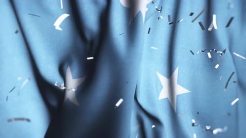 Celebratory Silver Confetti and Stars on Waving Blue Background