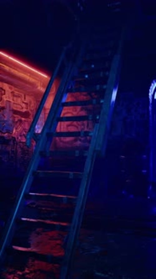 Dark Industrial Ladder Descent with Vibrant Neon Lighting