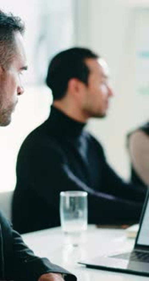 Face, investor and man in meeting, laptop and charts for profit increase, email or finance planning
