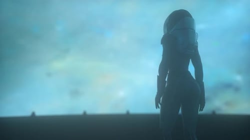 Alone astronaut in futuristic space corridor, room with beautiful view