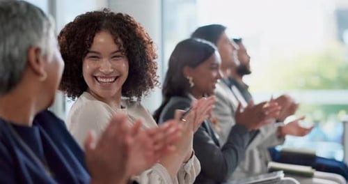 Applause, seminar and business people in office for presentation for company achievement or victory