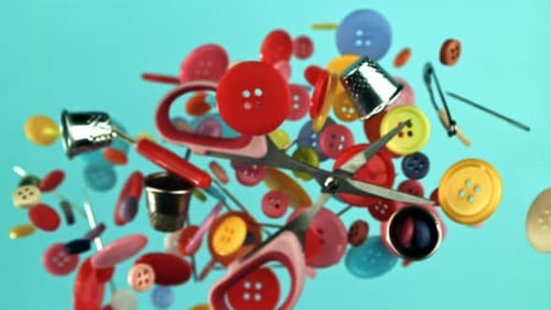 Colorful Buttons, Scissors, and Sewing Accessories Floating