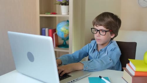 Distance Education Online Lesson Child Boy Schoolboy Using Tablet Laptop Computer for School