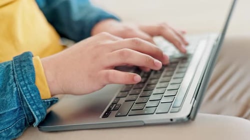 Student, hands typing and laptop for online education, university research and information