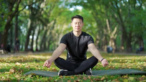 Adult asian man meditating in the lotus position on a mat in an urban city park. Handsome male