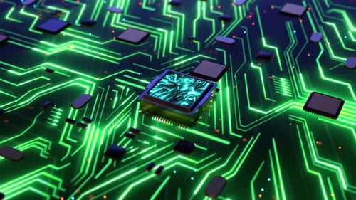 Futuristic Glowing Circuit Board with CPU Data Flow