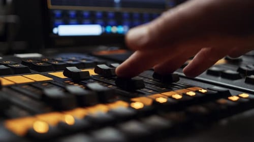 Professional dmx lighting control desk console panel faders being all turned down, all lights turned