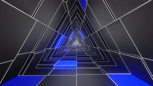Abstract Triangular Tunnel Dark Gray Blue Neon Lights Geometric Pattern Digital Art 3D Rendering