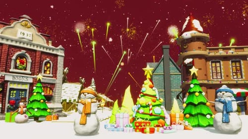 Cartoon Christmas Village Scene with Snow, Presents, and Fireworks