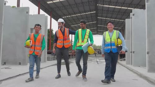 Group team engineer or contractor holding hardhat relax and talking with happy at construction site.