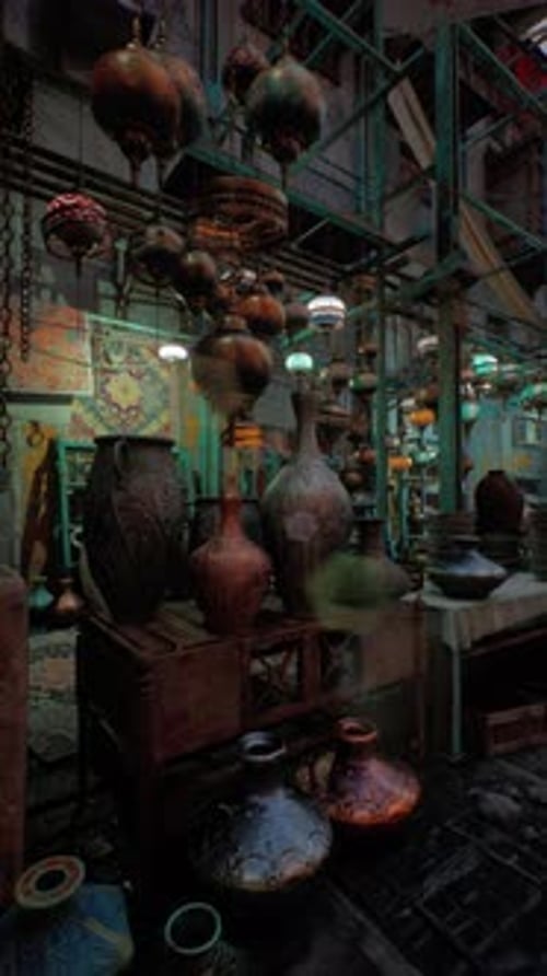 Enchanting Bazaar Stall with Hanging Lanterns and Ornate Pottery