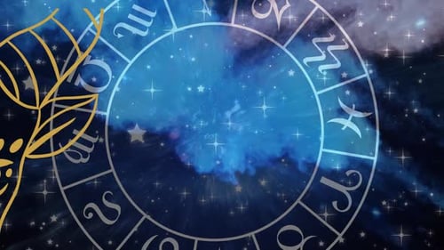 Animation of taurus star sign symbol in spinning horoscope wheel over glowing stars
