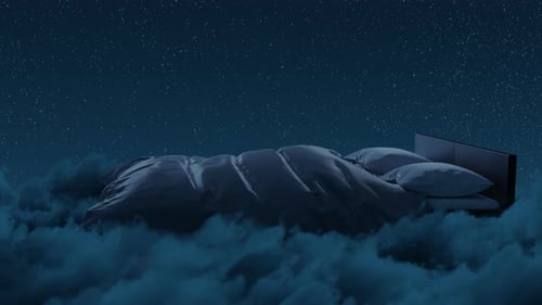 Cozy Bed Flying Over Fluffy Clouds At Night