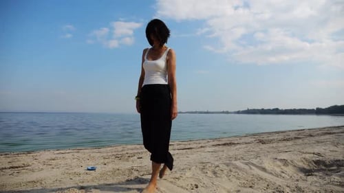 Happy Adult Woman Going on Sandy Beach Near Shoreline at Sunny Day Beautiful Lady Walking on