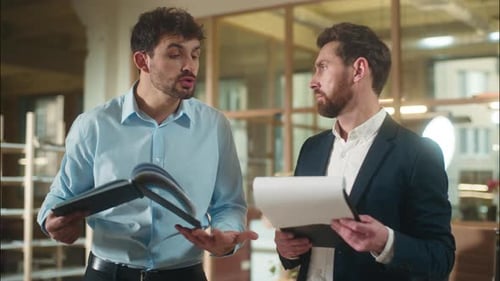 Caucasian Men Business Colleagues Businessmen Argue Discussing Documents Corporate Paperwork Bank